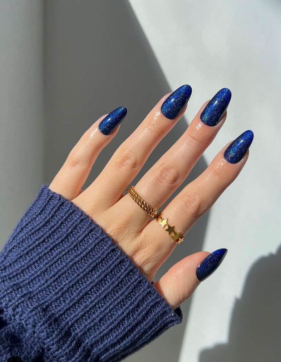 Delicate Floral Navy Blue Almond Art — Navy Blue Nails
