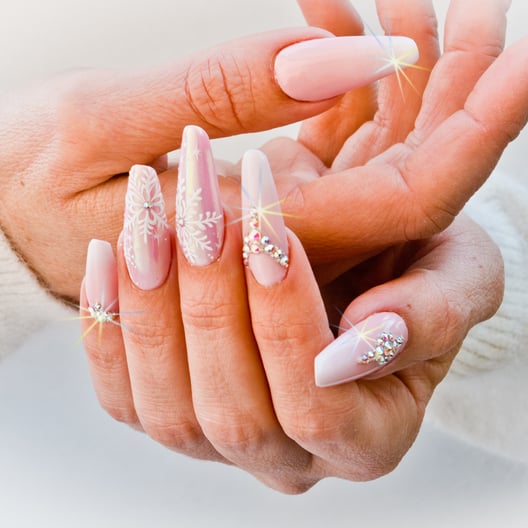 White Snowflake Glitter Almond Nails — Long Winter Nails