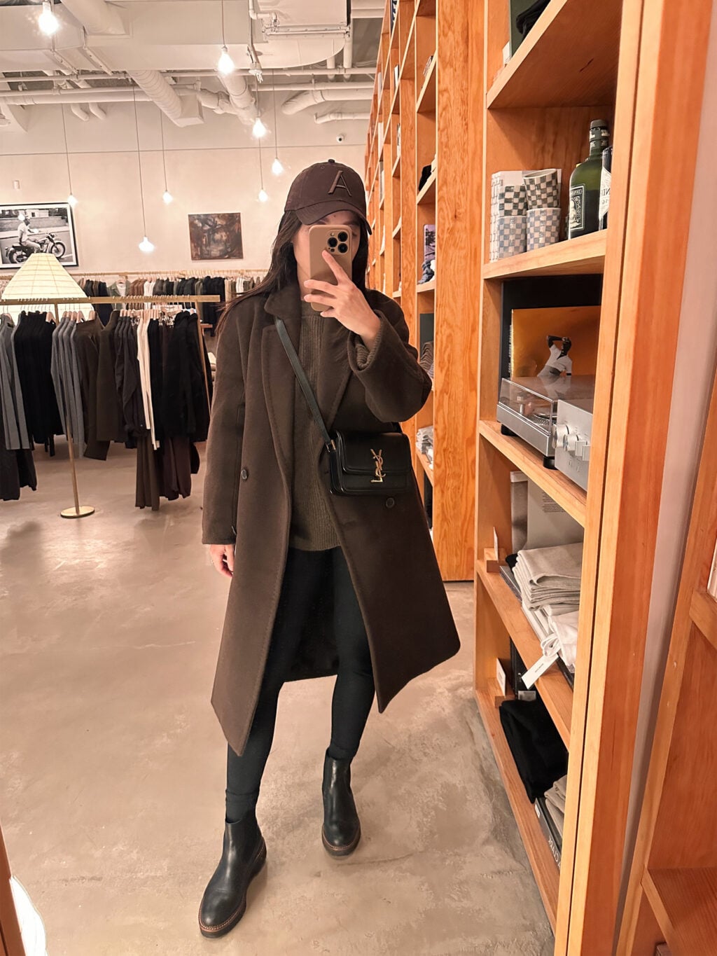 Brown Sweater and Long Coat with Black Leggings — Winter Outfits with Leggings
