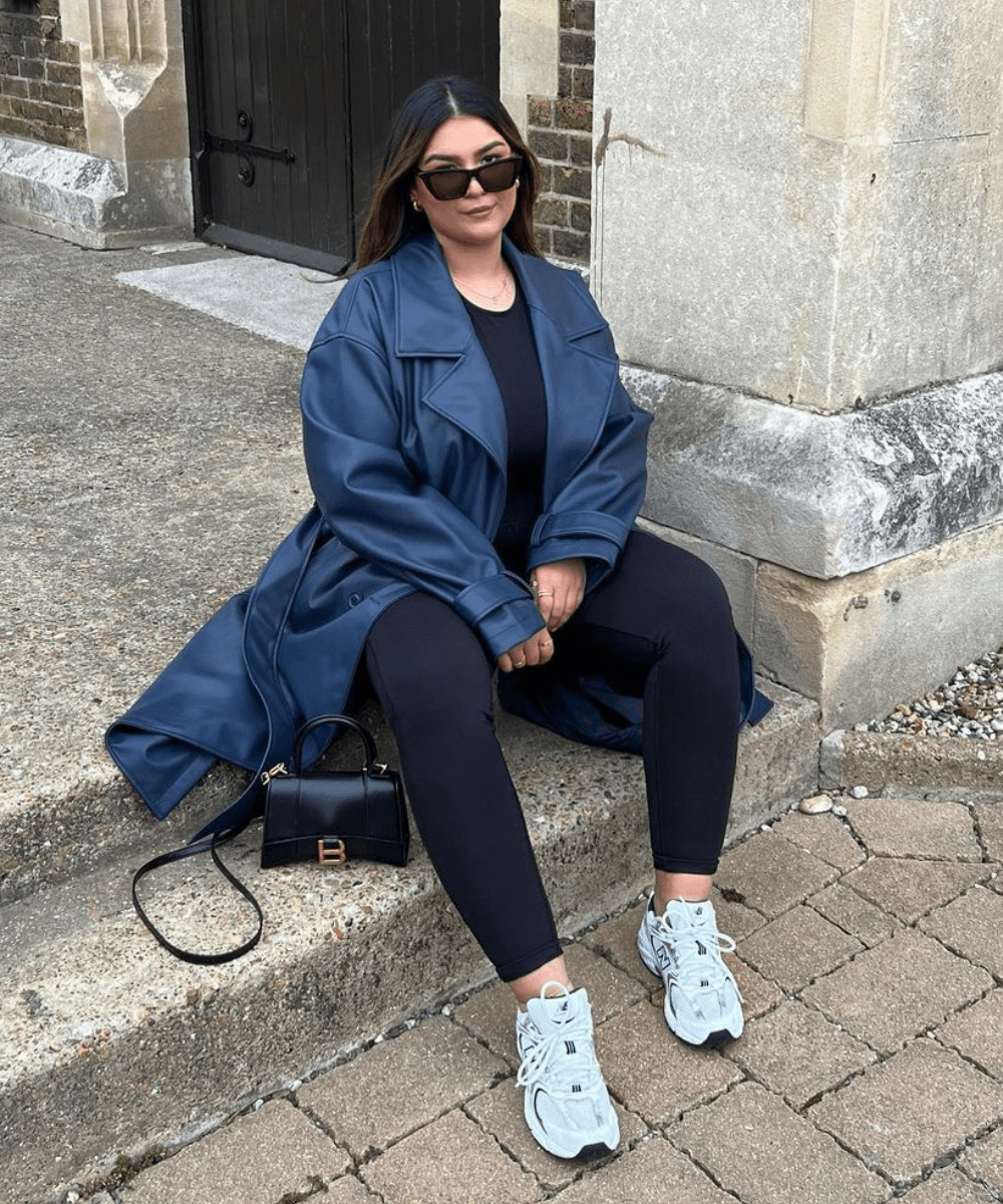 Navy Faux Leather Trench Coat with Black Base and White Sneakers — Winter School Outfits