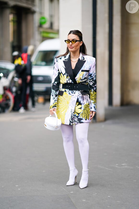 Opaque White Tights with a Floral Blazer Dress Opaque White Tights with a Floral Blazer Dress — Tights Outfits