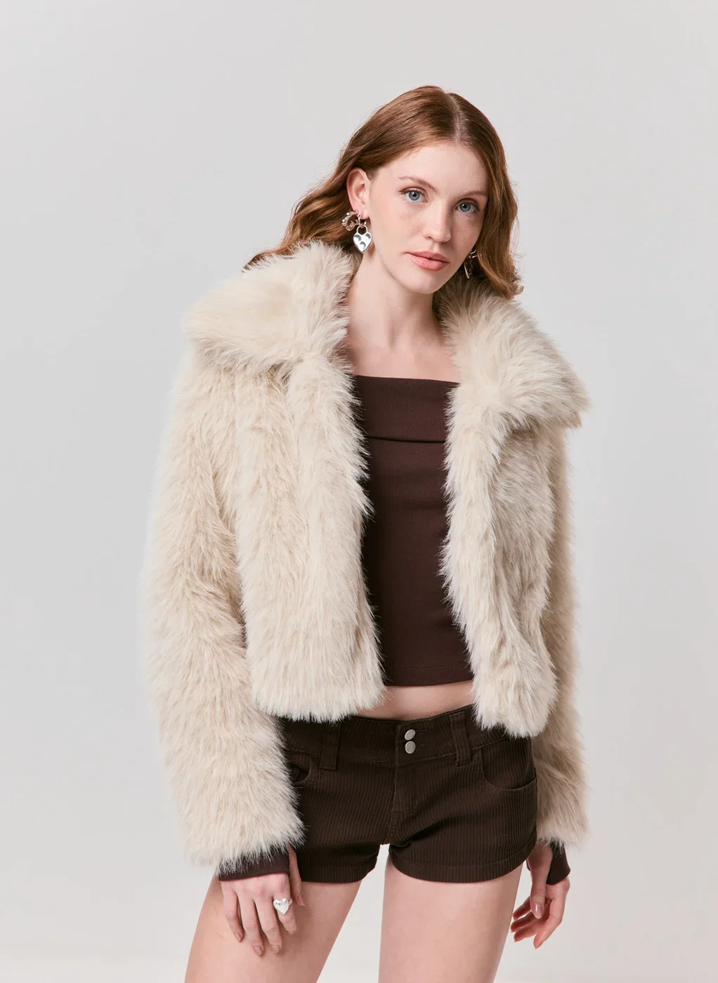 Corduroy Shorts Outfit Idea — Faux Fur Coat Outfits