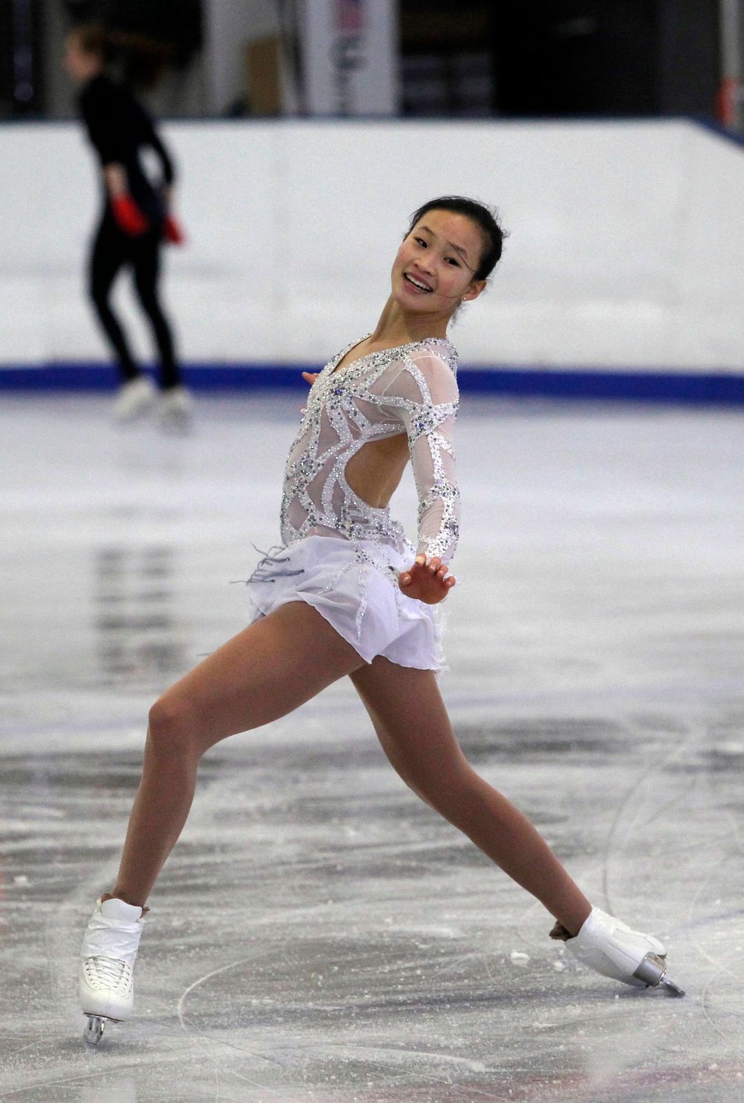 White Long-Sleeved Dress with Geometric Cutouts and Silver Embellishments White Long-Sleeved Dress with Geometric Cutouts and Silver Embellishments — Ice Skating Outfits
