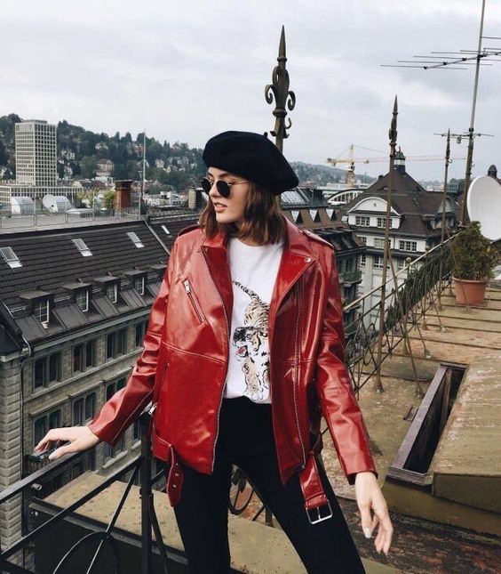 Edgy Red Moto Jacket Paired with a Black Beret — Beret Outfits