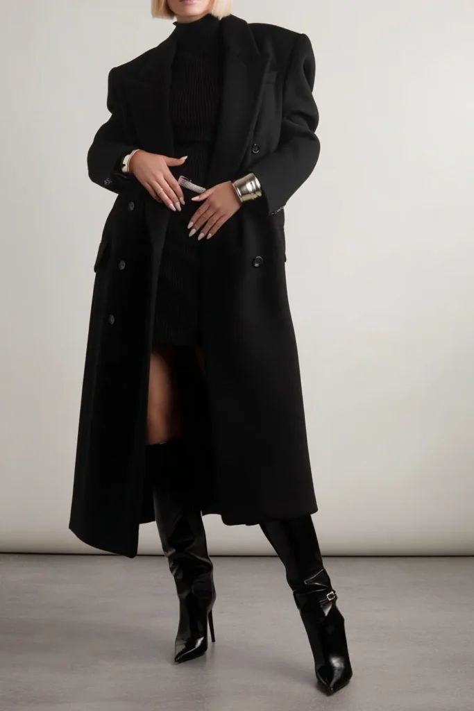 Elegant All-Black Ensemble with a Long Wool Coat — Fall to Winter Outfits