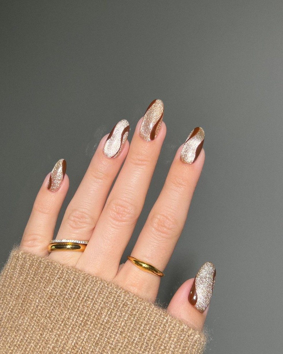 Brown And Silver Glitter Swirls — Velvet Nails