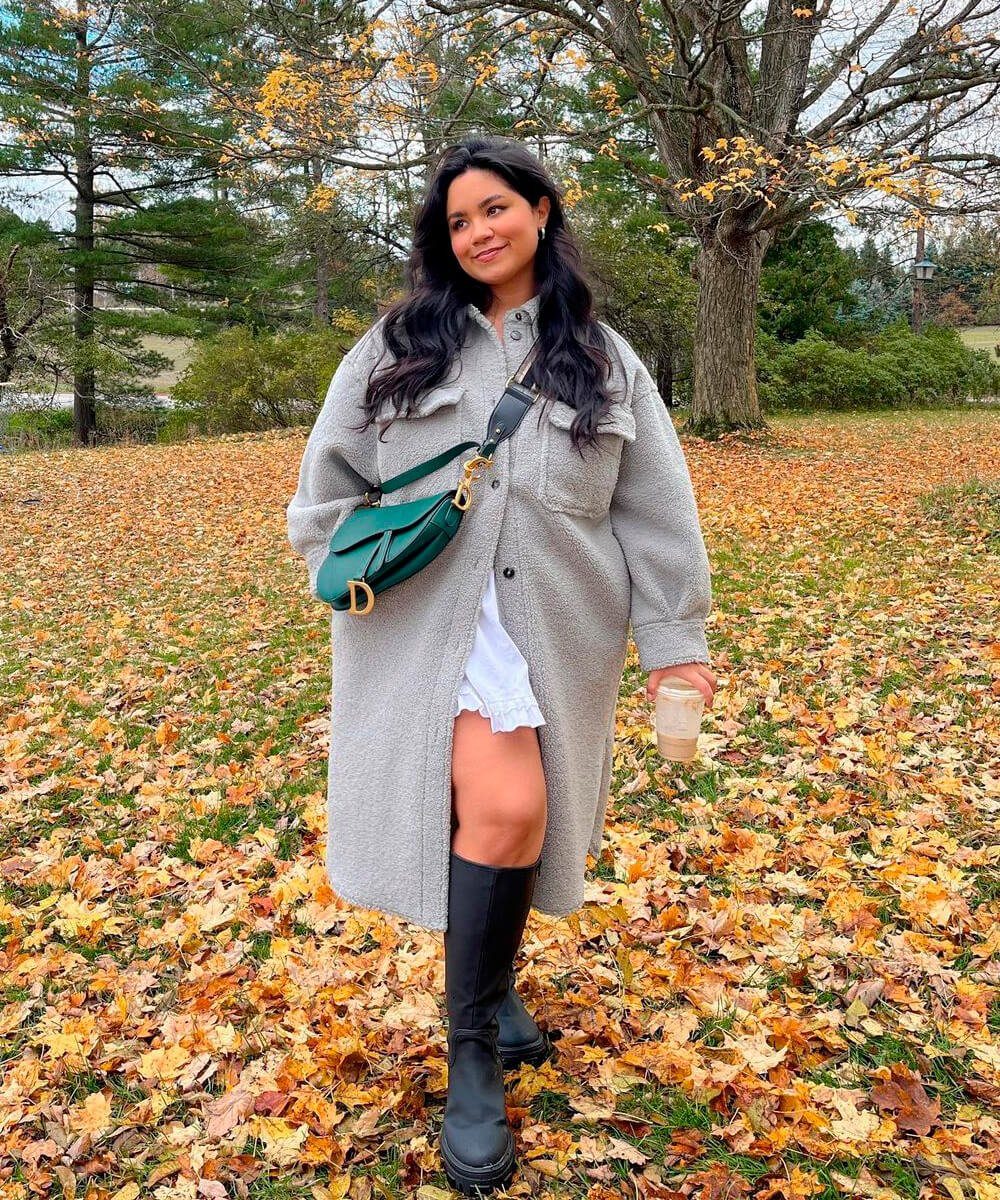 Casual Outdoor Knee-High Boots with Shirt Jacket and Mini Dress Casual Outdoor Knee-High Boots with Shirt Jacket and Mini Dress — Winter Boots Outfits