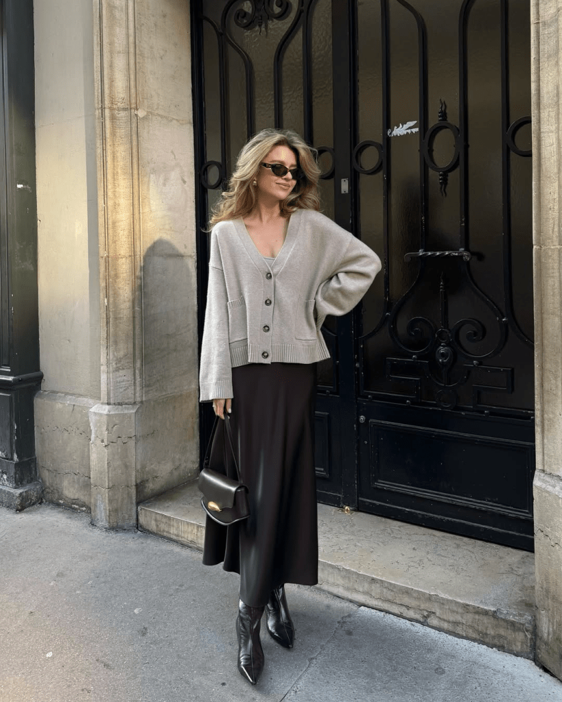Chic Monochrome: Beige Cardigan with Satin Skirt — Cardigan Outfits