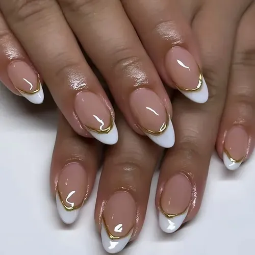 Gold Outlined French Tip Almond — Medium Length Winter Nails