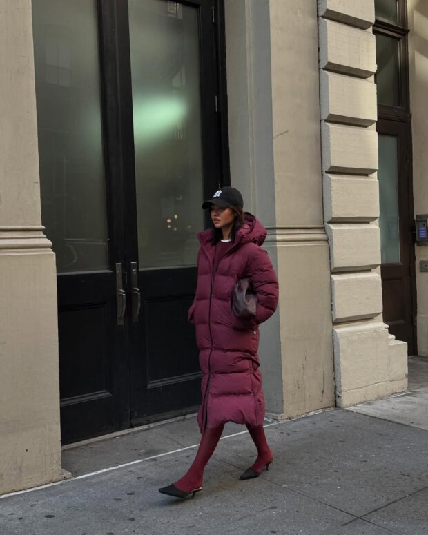 Monochromatic Burgundy Puffer with Heels — Long Puffer Coat Outfits