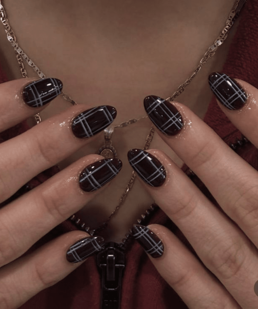 Medium Oval Dark Burgundy Plaid Nails — Everyday Winter Nails