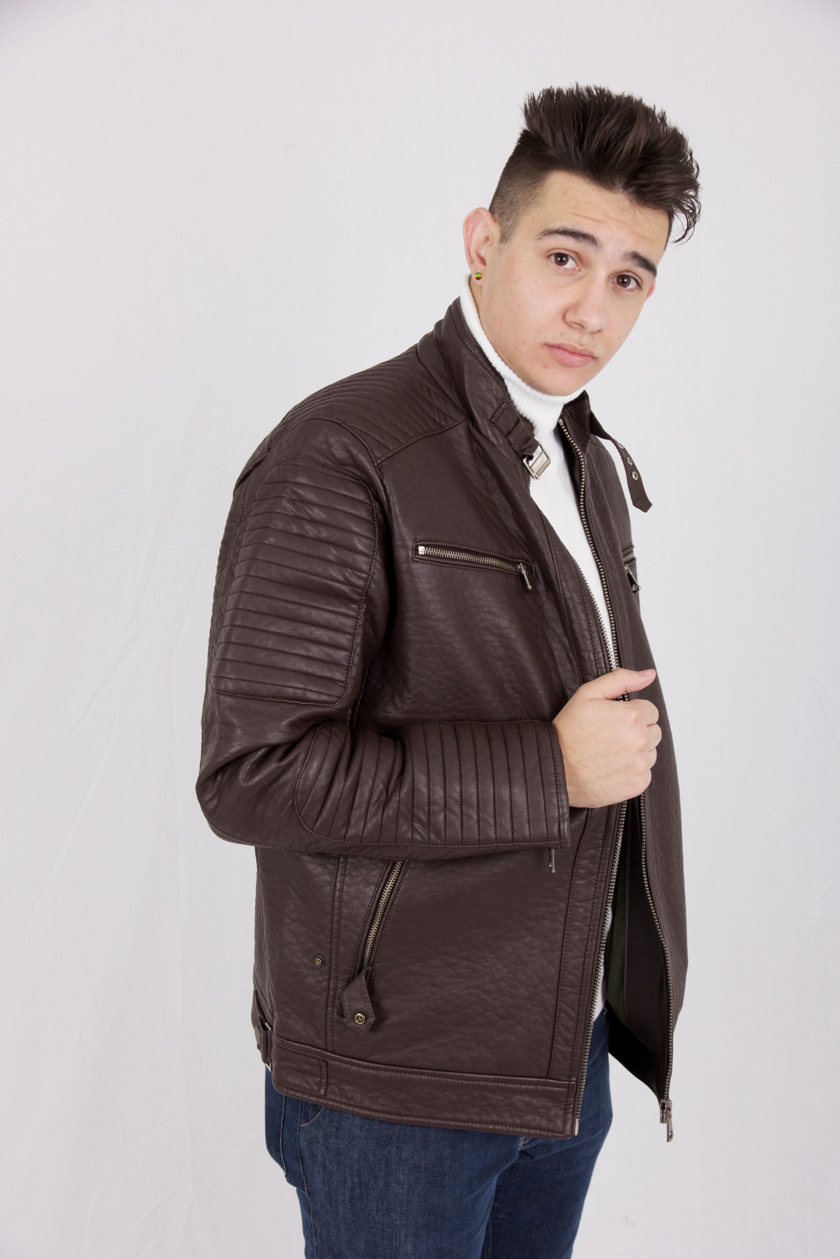 Brown Leather Jacket with Turtleneck for a Fitted Casual Look — Winter Outfits for Men
