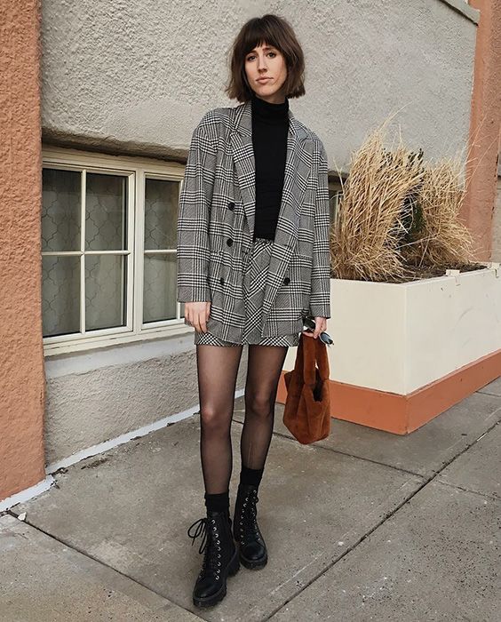 Black Opaque Tights with Combat Boots and Plaid Blazer Black Opaque Tights with Combat Boots and Plaid Blazer — Tights Outfits