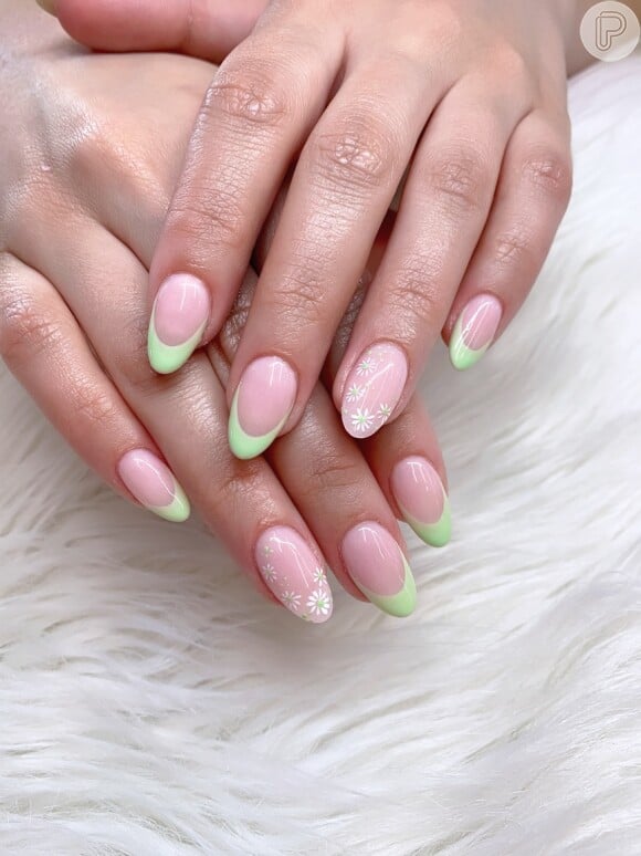Pastel Green French Tip with Florals — Pastel Winter Nails