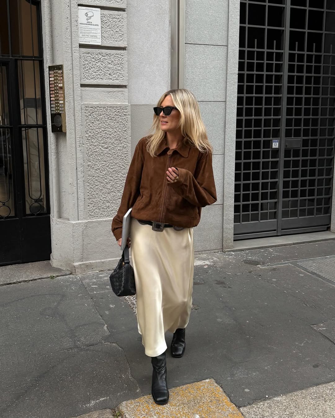 Urban Chic: Suede Jacket, Satin Skirt, and Black Ankle Boots Urban Chic: Suede Jacket, Satin Skirt, and Black Ankle Boots — Brown Boots Outfits