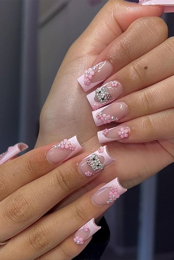 Medium Almond 3D Floral Tiger Print Gradient — 3D Nails Art Ideas