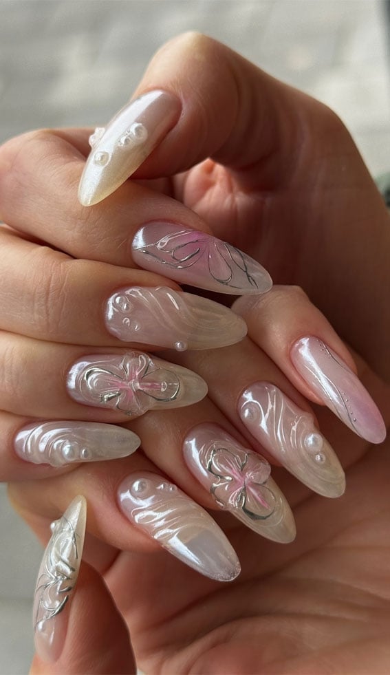 Elegant Long Oval 3D Wavy Lines Pearls — 3D Nails Art Ideas
