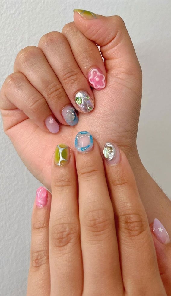 Short Square Pink French 3D Flowers Pearls Rhinestones — 3D Nails Art Ideas
