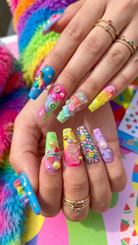 Very Long Pointed Pink Nude Yellow 3D Flowers Shells Pearls Stars — 3D Nails Art Ideas