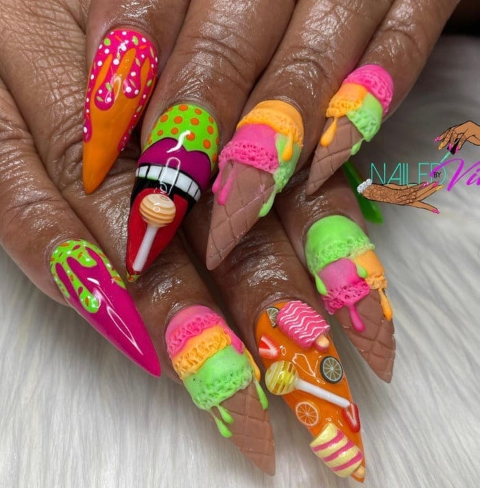 Short Oval Milky Pink 3D Floral Gold Beads — 3D Nails Art Ideas