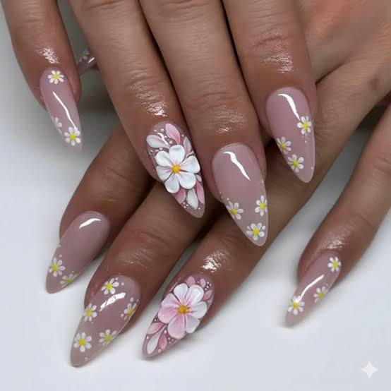 Long Almond Nude Pink 3D Large Floral Designs — 3D Nails Art Ideas