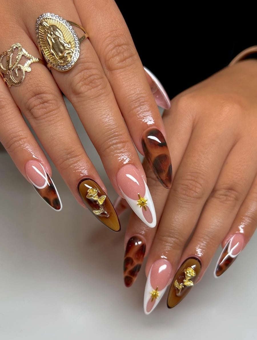 Long Stiletto Tortoiseshell 3D Gold Roses — 3D Nails Art Ideas