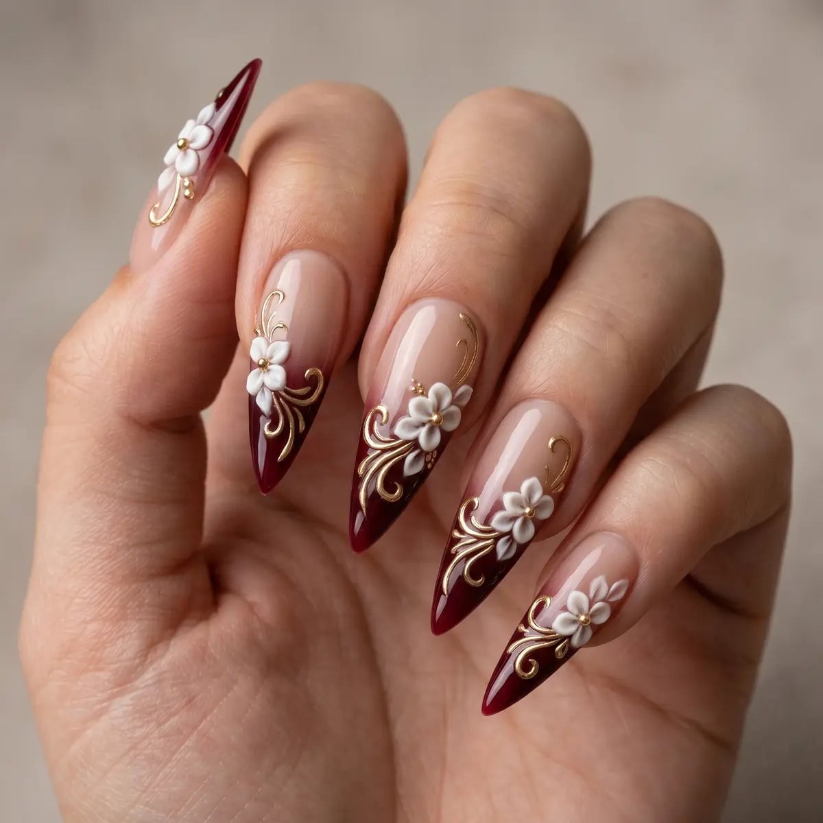 Long Stiletto Nude Burgundy 3D White Flowers Gold Filigree — 3D Nails Art Ideas