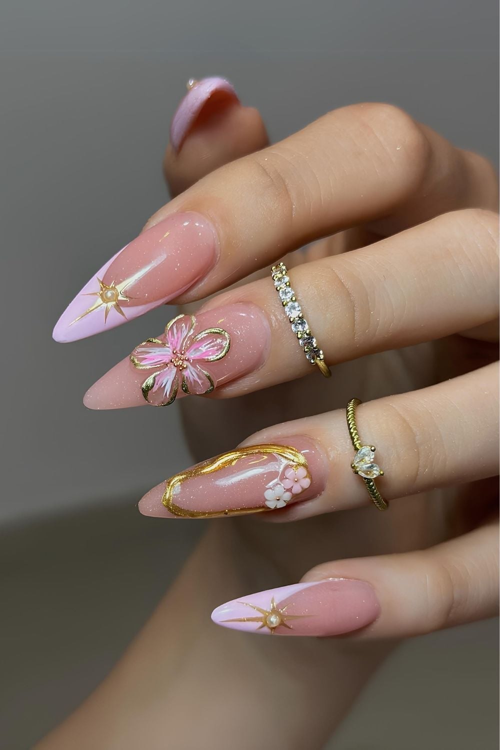 Long Stiletto Pink Gold 3D Floral Accents — 3D Nails Art Ideas