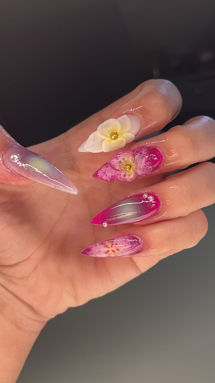 Long Stiletto Iridescent 3D Flowers Pearls — 3D Nails Art Ideas