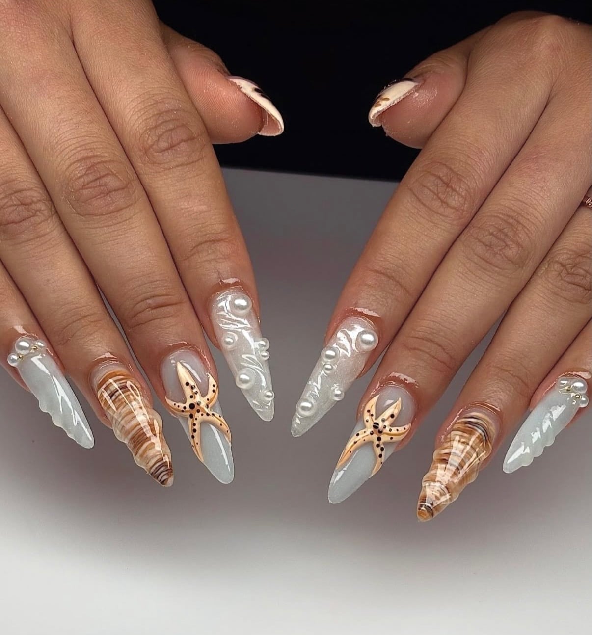 Long Stiletto Nautical 3D Seashells Pearls — 3D Nails Art Ideas