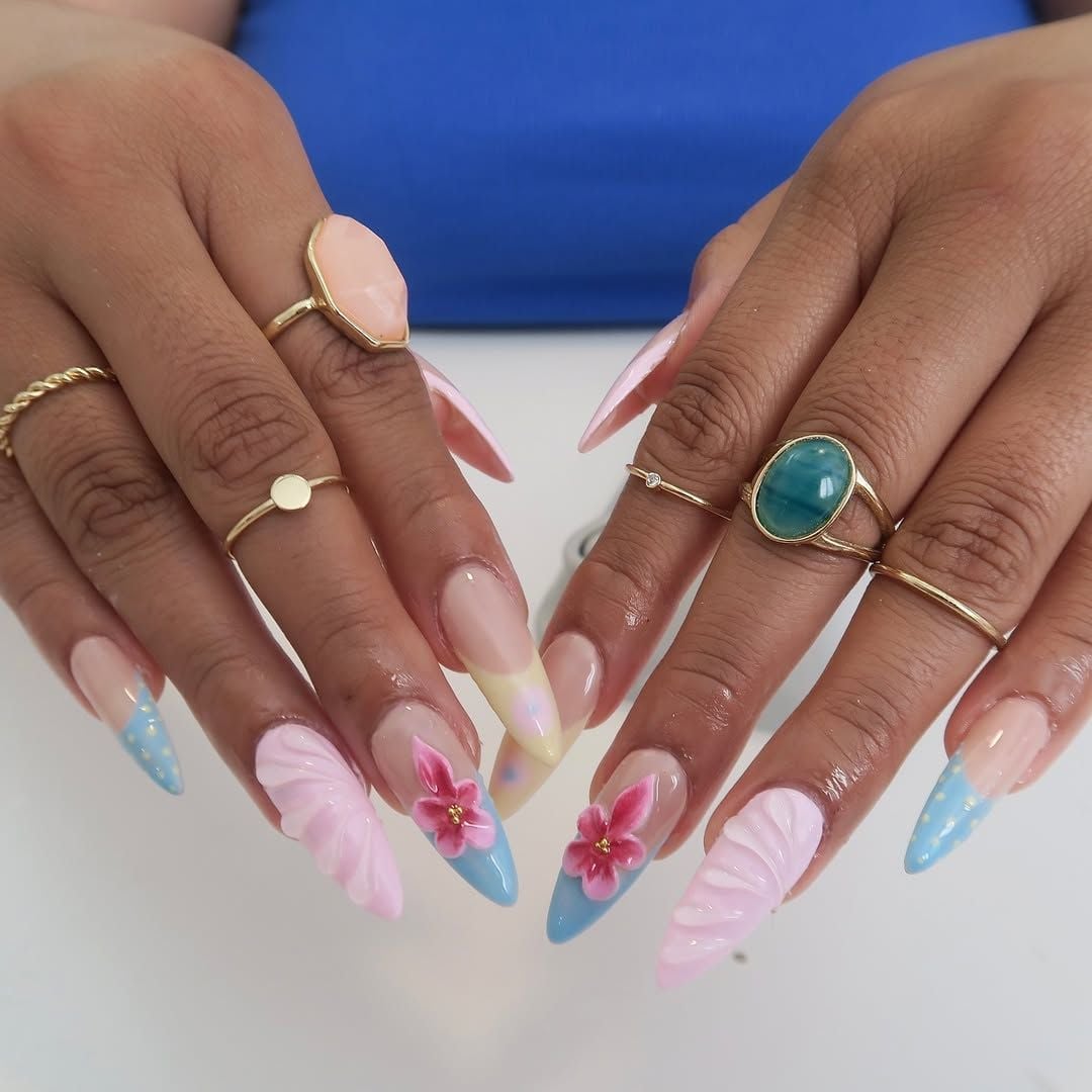 Long Stiletto Pink Blue 3D Floral Textures Pearls — 3D Nails Art Ideas