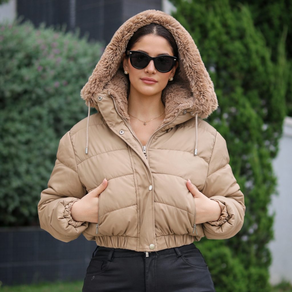 Cropped Beige Puffer Jacket with Fur-Trimmed Hood and Black Pants — Parka Outfits