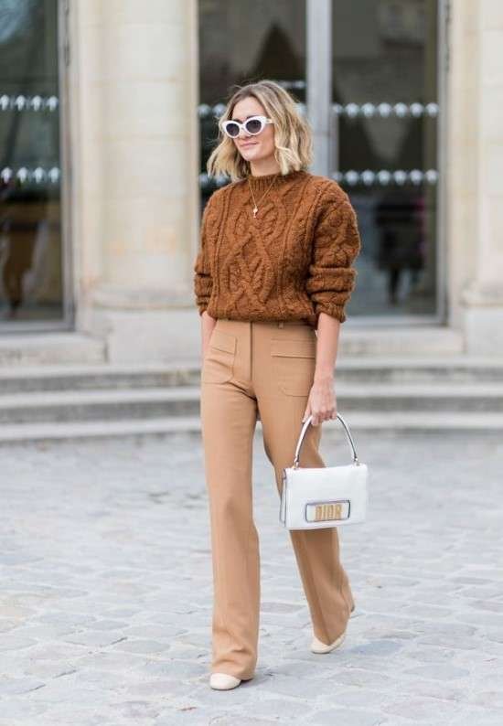Chunky Brown Cable-Knit Sweater with Tan Wide-Leg Trousers — Neutral Winter Outfits