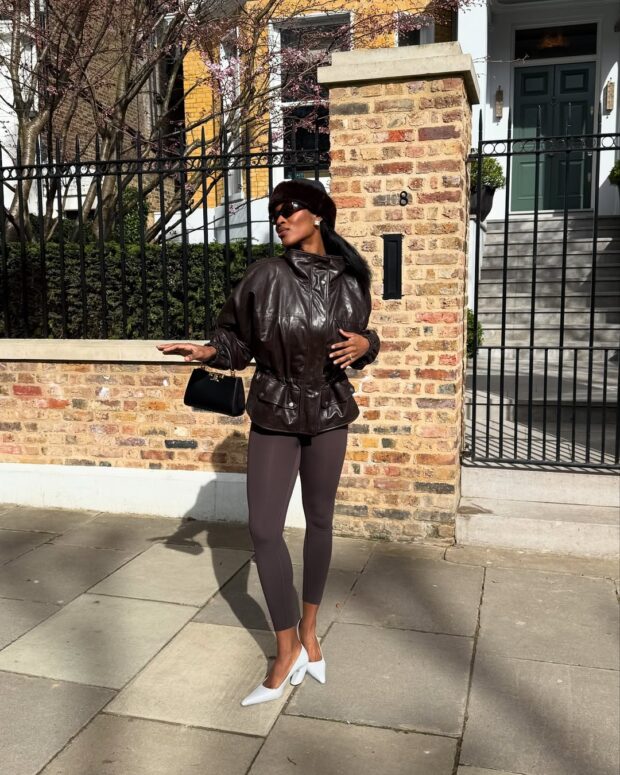 Brown Leggings with a Leather Jacket and Fur Hat — Winter Outfits with Leggings