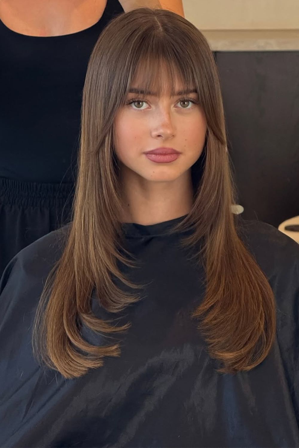 Medium Brown With Caramel Highlights Visual Idea — Winter Haircuts with Bangs