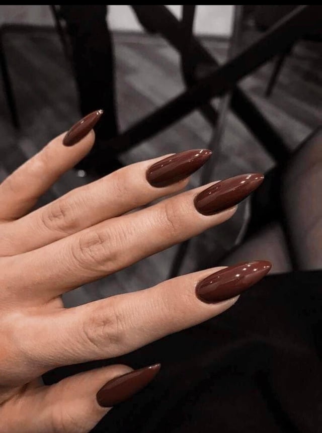 Dark Glossy Reddish-Brown Stiletto — Chocolate Brown Nails