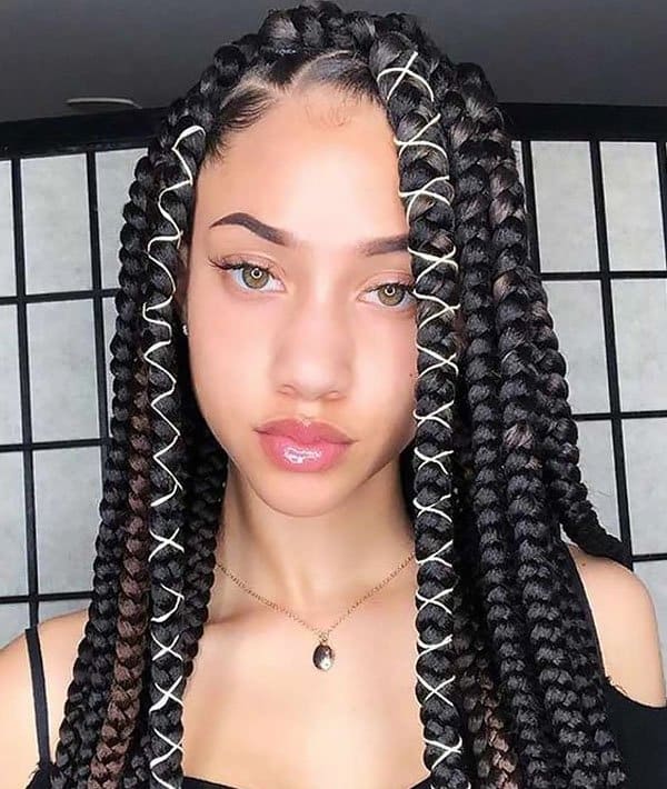 Black Box Braids with White String Detail — Winter Braid Colors for Black Women