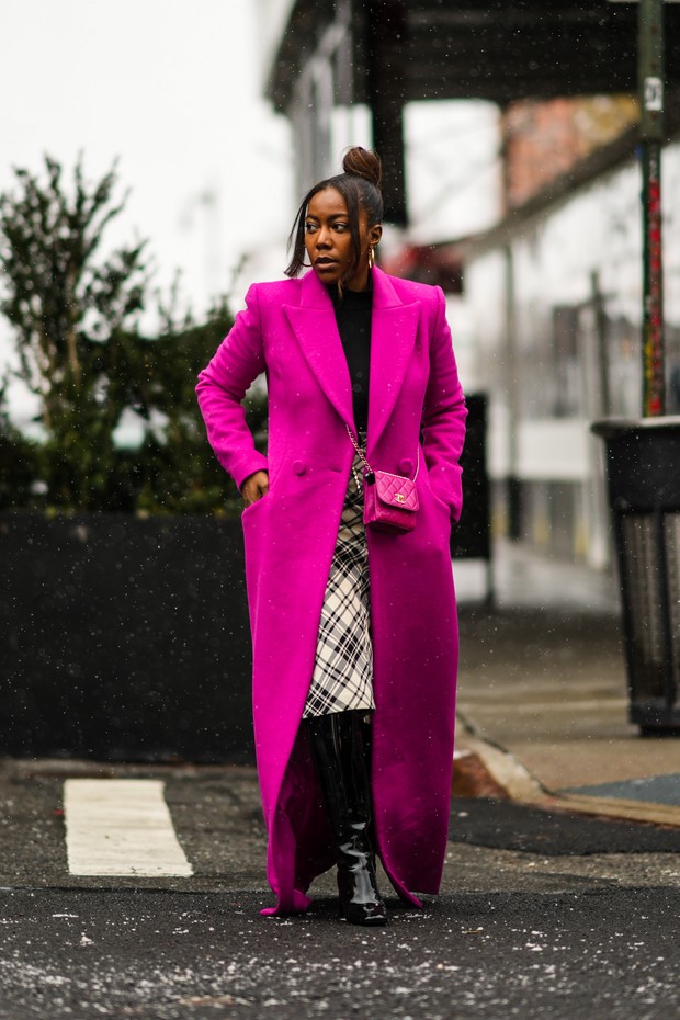 Vibrant Hot Pink Wool Coat Over Plaid Skirt and Black Boots — NYC Winter Outfits