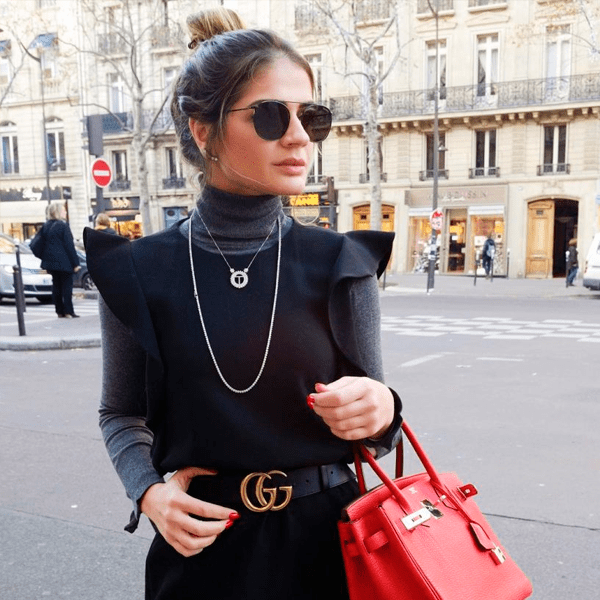 Grey Turtleneck Under Ruffled Top with Red Handbag — Turtleneck Outfits