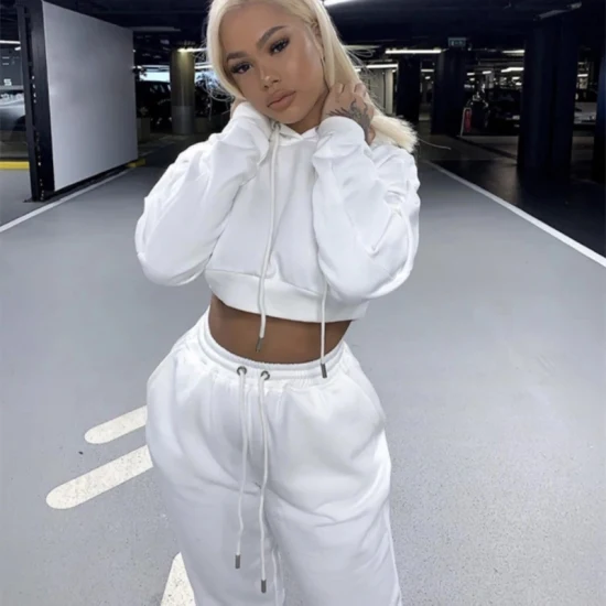 All-White Sweat Suit with Cropped Hoodie and Sneakers — Sweatpants Outfits