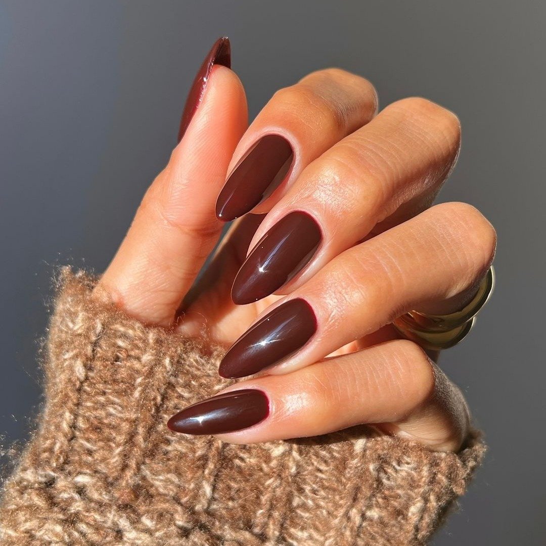 Dark Chocolate Brown Glossy Stilettos Dark Chocolate Brown Glossy Stilettos — Winter Nail Colors for Women Over 50