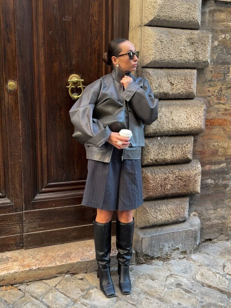 Fashion-Forward Casual with Pinstripe Shorts and Leather Jacket — Knee High Boots Outfits