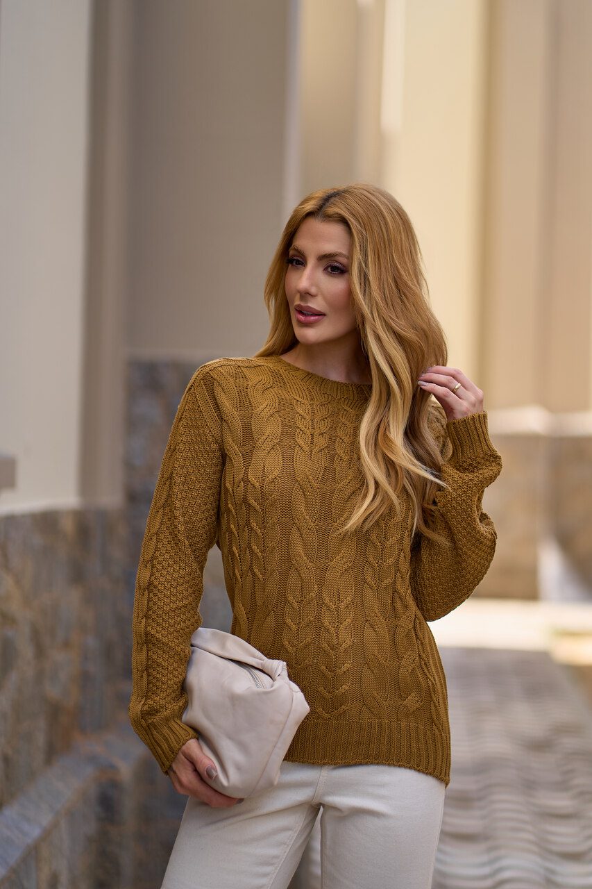 Ochre Cable Knit Sweater for Textured Style — Iceland Winter Outfits