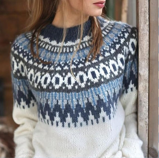 Blue, White, and Grey Fair Isle Sweater Detail — Fair Isle Sweater Outfits