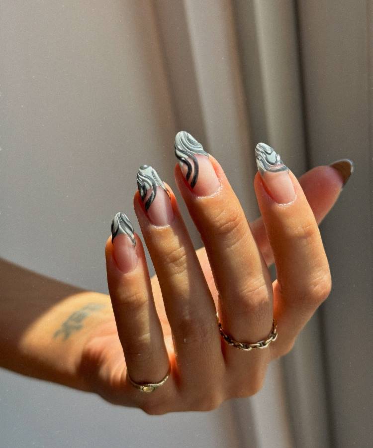 Sheer Nude Swirl Tips — Winter Gray Nails