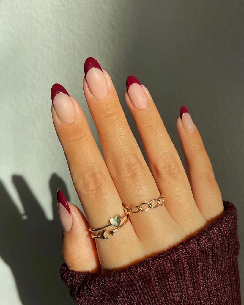 Nude Base Deep Red French Almond Nails — Short Winter Almond Nails