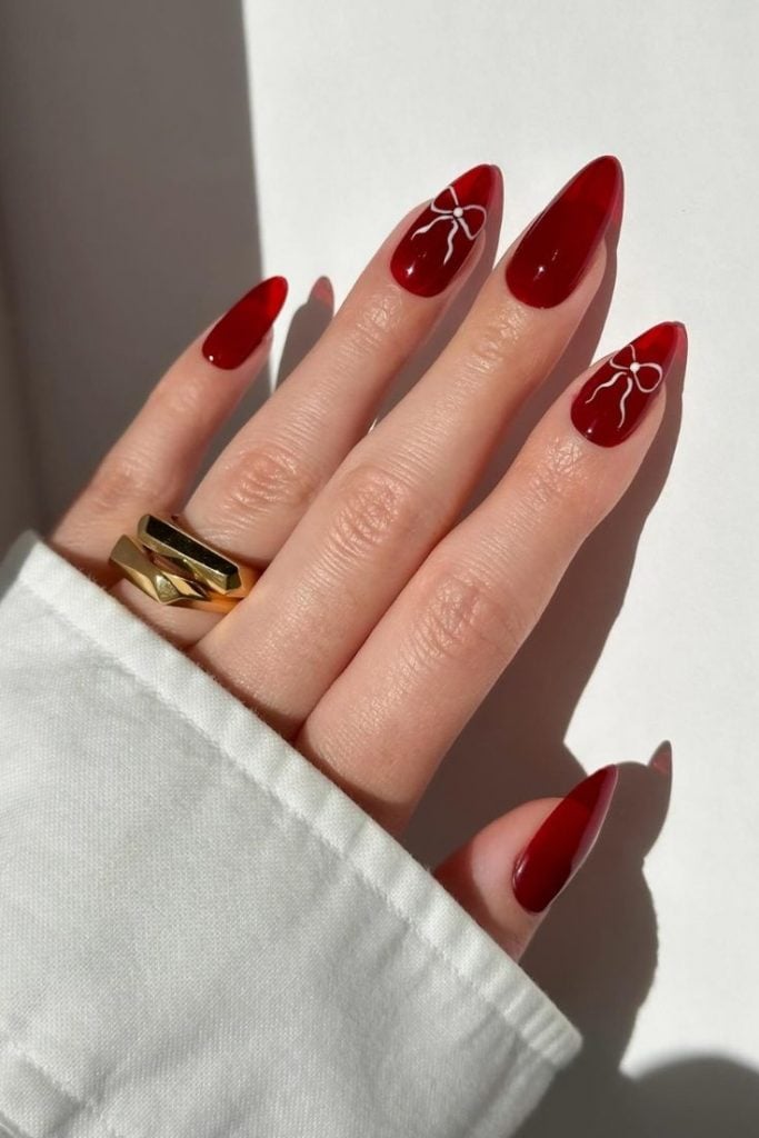 Deep Red with Delicate White Bow Art Deep Red with Delicate White Bow Art — Winter Red Nails