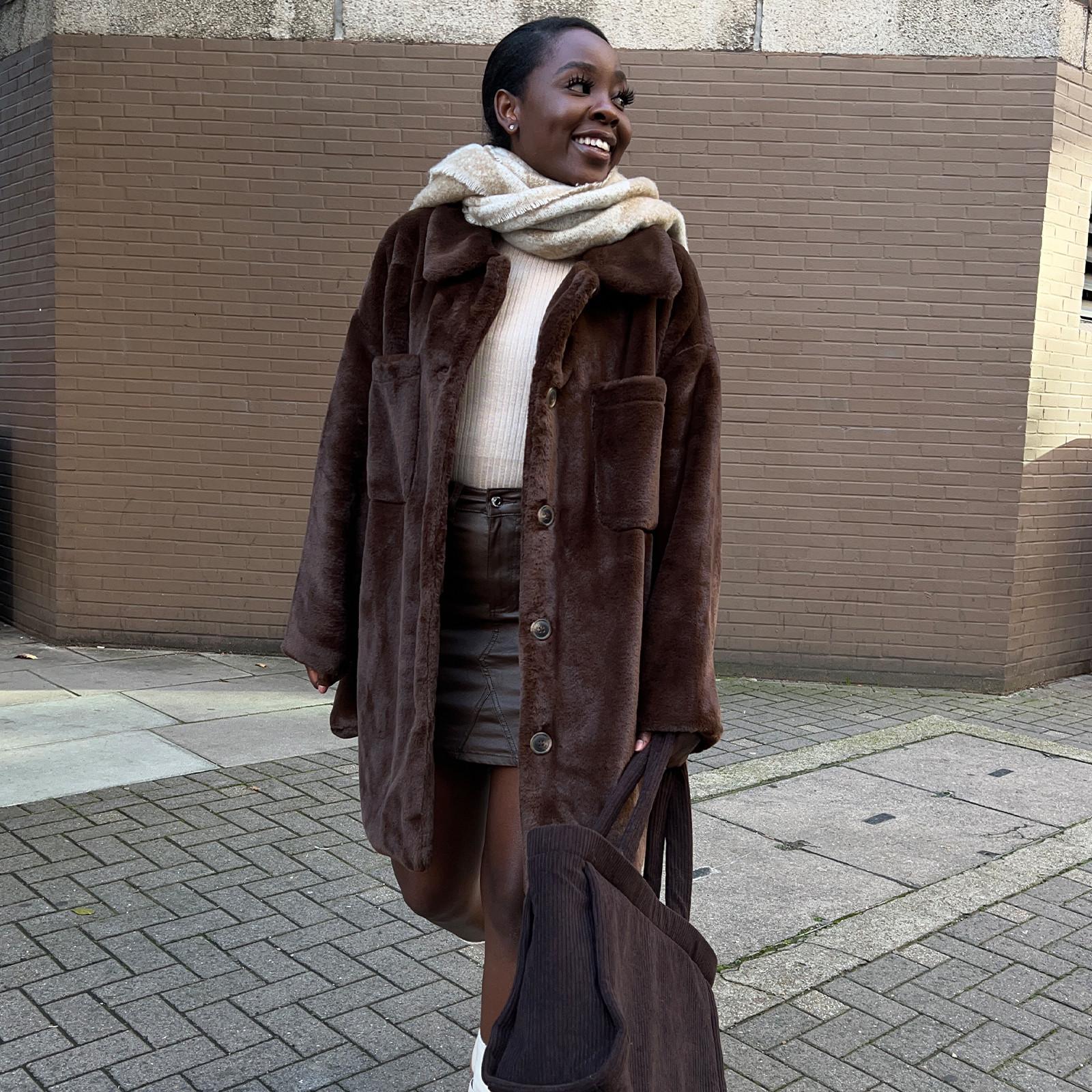 Cozy Brown Faux Fur Coat with Corduroy Tote Cozy Brown Faux Fur Coat with Corduroy Tote — Winter Coats for Women