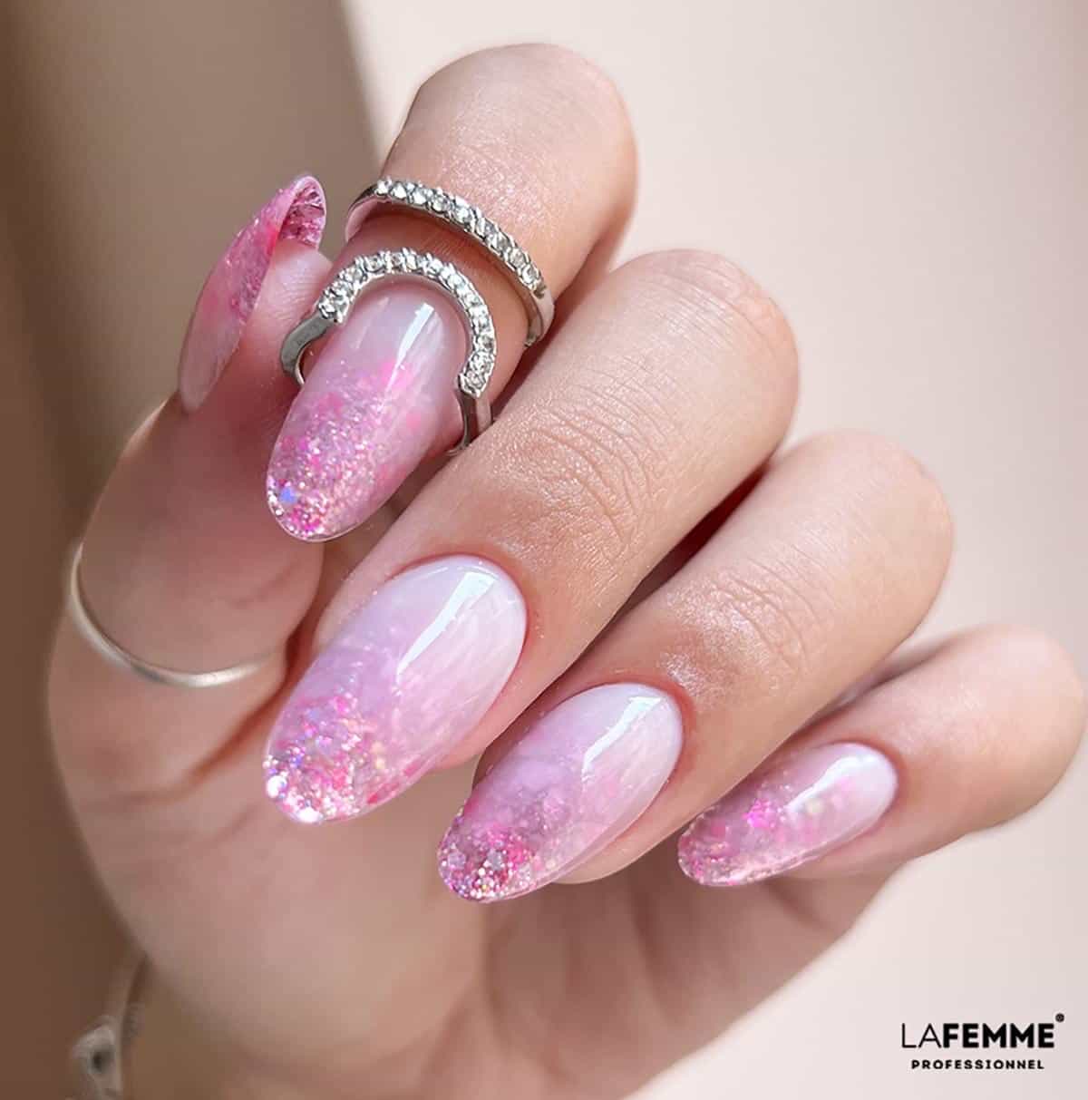 Festive Winter Almond Nails — Winter Pink Nails