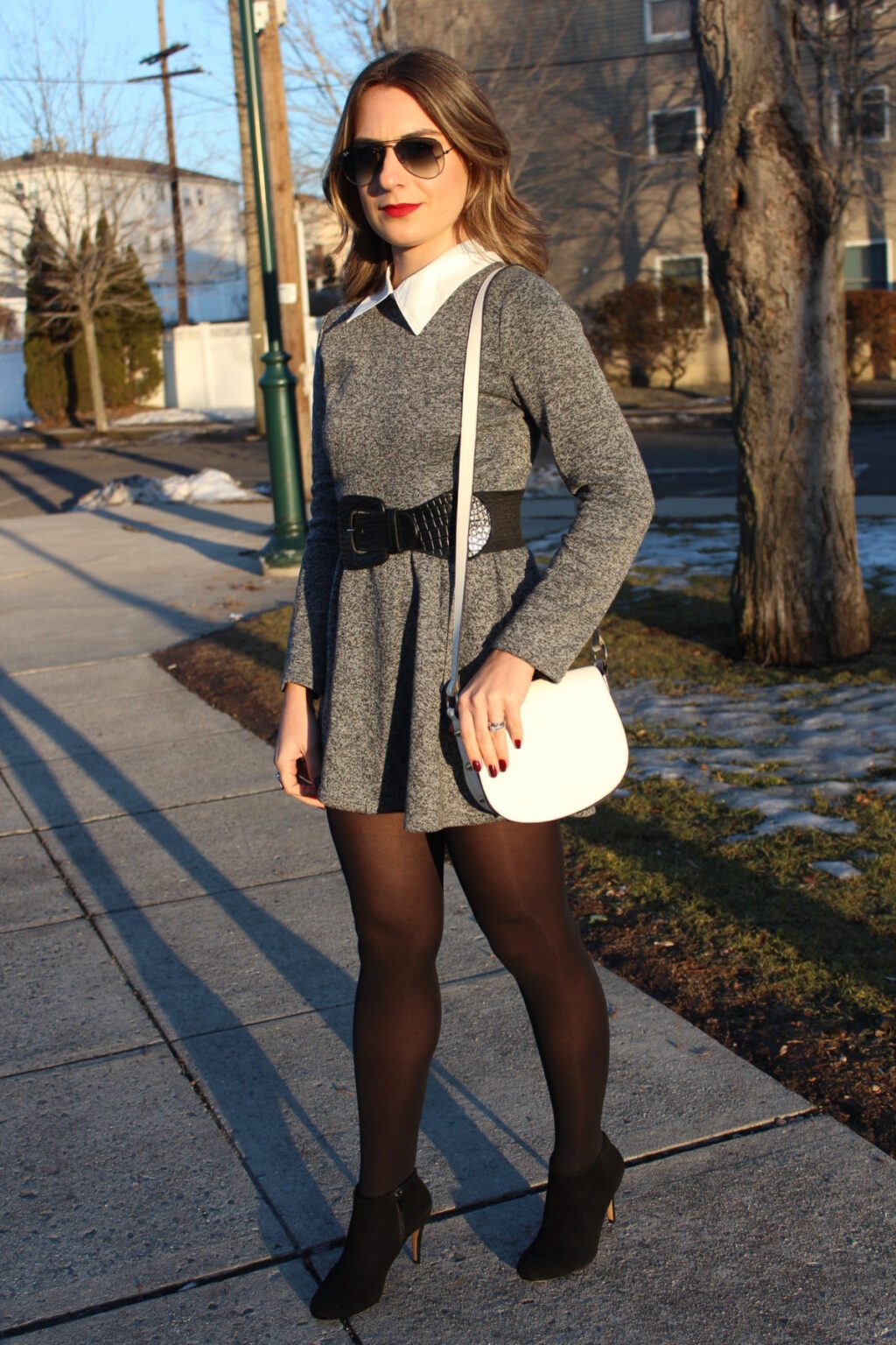 Opaque Black Tights with a Fit-and-Flare Dress and Belt — Tights Outfits